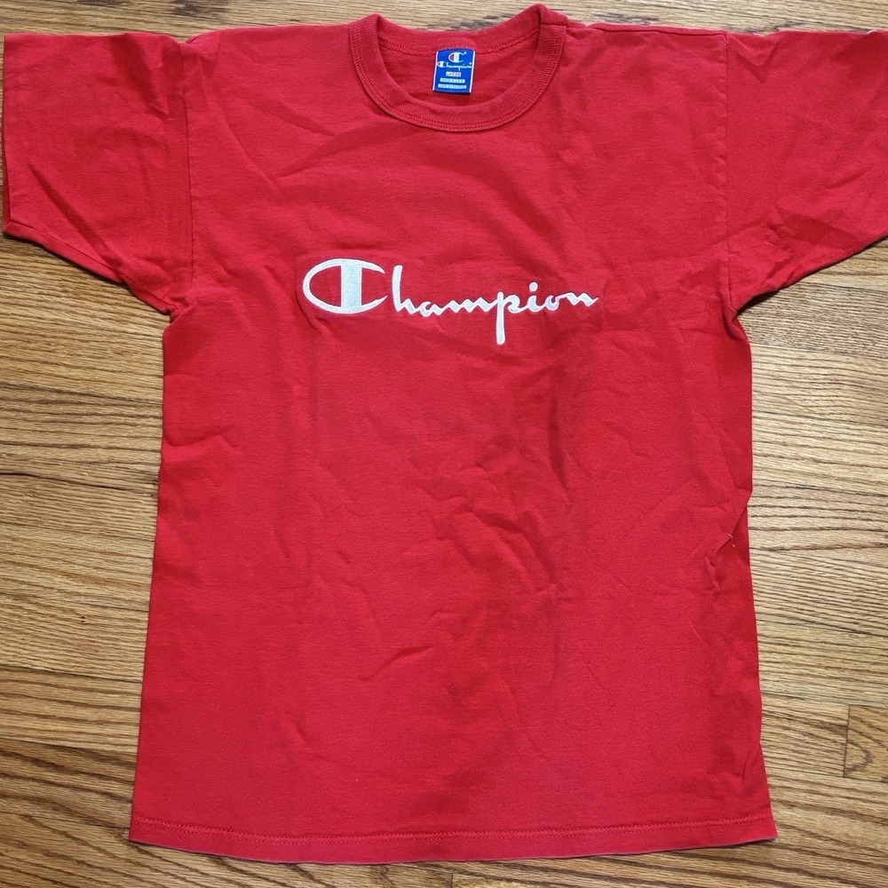 Champion Mens‎ Red Short Sleeve Script Logo Embroidered T-Shirt Size Large